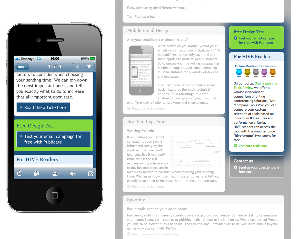 Optimised presentation through a single-column layout for mobile devices